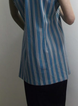 1970s blue striped top on mannequin Crimplene - back view